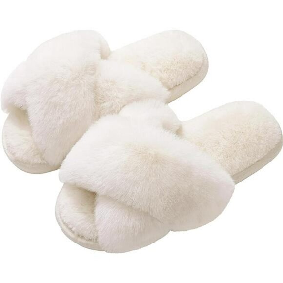 Womens fuzzy slippers open toe memory foam house shoes indoor outdoor comfort - Picture 1 of 7